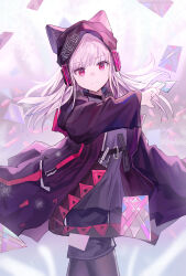 1girl absurdres animal_ears arknights black_hat black_jacket black_pantyhose closed_mouth clothes_writing commentary cowboy_shot ears_through_headwear english_commentary frostleaf_(arknights) hat headphones highres holding jacket light_particles long_sleeves looking_at_viewer pantyhose pink_eyes saraph_se_la smile solo standing