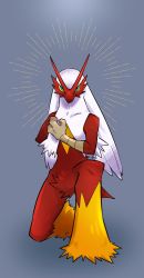 alternate_color blaziken blue_eyes closed_mouth colored_sclera commentary creatures_(company) full_body game_freak gen_3_pokemon grey_background hand_up highres looking_at_viewer nintendo on_one_knee pkpokopoko3 pokemon pokemon_(creature) red_fur shiny_pokemon solo yellow_sclera