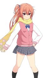 &gt;:) 1girl black_socks blue_bow blue_bowtie blue_scrunchie blush bow bowtie buttons clenched_hand closed_mouth commentary feet_out_of_frame fringe_trim grey_skirt hair_between_eyes hair_ornament hair_scrunchie hand_on_own_hip highres inaba_meguru jacket kneehighs letterman_jacket long_hair looking_at_viewer miniskirt one_side_up orange_hair osankopo pink_jacket plaid_clothes plaid_skirt pleated_skirt red_eyes sanoba_witch scarf school_uniform scrunchie simple_background skirt sleeves_past_wrists smile smug socks solo split_mouth standing tsurime v-shaped_eyebrows white_background white_sleeves yellow_scarf