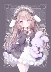1girl animal_ears black_choker black_dress blush bow brown_hair choker closed_mouth commentary cowboy_shot cross-laced_clothes cross-laced_dress dot_mouth dress drill_hair earrings floral_print frilled_choker frilled_hairband frills gothic_lolita grey_background hair_ornament hairband heart heart_earrings highres holding_teddy_bear hugging_doll hugging_object jewelry lolita_fashion long_hair long_sleeves looking_at_viewer neck_garter omochi_monaka original pantyhose purple_eyes rabbit_ears rabbit_girl rose_print sleeves_past_wrists standing stuffed_animal stuffed_rabbit stuffed_toy teddy_bear twitter_username white_dress white_pantyhose x_hair_ornament