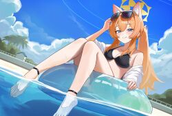 1girl absurdres adjusting_eyewear alternate_costume animal_ears bare_shoulders barefoot bikini black_bikini blue_archive blue_eyes breasts cat_ears cleavage day dutch_angle extra_ears eyewear_on_head grin halo hand_on_eyewear highres innertube jacket knees_up long_hair looking_at_viewer mari_(blue_archive) medium_breasts off_shoulder orange_hair outdoors ponytail setakman sidelocks smile solo sunglasses swim_ring swimsuit water wet white_jacket
