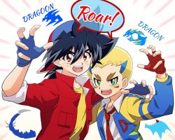 2boys bakuten_shoot_beyblade baseball_cap beyblade beyblade:_burst blonde_hair blue_hair brown_eyes english_text facial_mark fingerless_gloves gloves green_eyes hat highres in-franchise_crossover jacket kinomiya_takao koryu_drum multicolored_hair multiple_boys name_connection necktie open_clothes open_jacket popped_collar in-franchise_crossover spiked_hair tkoknmy0321