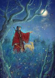 1815983628 1boy absurdres animal bandaged_neck bandages bare_tree black_hair chinese_commentary coat coin coin_sword dao_gui_yi_xian dog faux_traditional_media fireflies full_moon grass grey_hanfu hair_bun hair_ribbon half_updo hand_up highres holding holding_sword holding_weapon holed_coin li_huowang long_hair long_sleeves looking_up male_focus moon nature night night_sky outdoors outstretched_arm painterly plant profile red_coat red_eyes red_ribbon ribbon robe shoulder_belt single_hair_bun sky solo standing sword sword_on_back sword_tassel tassel tree weapon weapon_on_back wide_sleeves