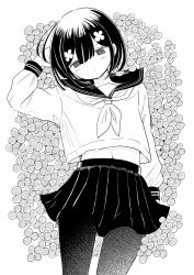 1boy blouse clothes_lift cowboy_shot crossdressing flower flower_bed greyscale hair_flower hair_ornament half-closed_eyes highres long_sleeves looking_at_viewer lying male_focus midriff_peek monochrome navel neckerchief on_back original pantyhose pleated_skirt sailor_collar school_uniform serafuku shirt shirt_lift short_hair simple_background skirt solo straight_hair trap vae white_background