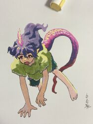 1girl all_fours art_tools_in_frame commentary green_shirt green_shorts highres horns long_hair long_tail marker_(medium) open_mouth pointy_ears purple_hair purple_horns purple_tail red_eyes shiratama_(hockey) shirt short_sleeves shorts signature single_horn solo symbol-only_commentary tail tenkajin_chiyari touhou traditional_media white_background