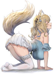 1girl absurdres all_fours animal_ears ass blonde_hair bow breasts closed_eyes dog_ears dog_girl dog_tail fuwawa_abyssgard hair_bow highres hololive hololive_english honkivampy huge_breasts miniskirt skirt solo tail thighhighs virtual_youtuber white_thighhighs zettai_ryouiki