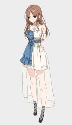 2girls arms_behind_back bang_dream! bang_dream!_it&#039;s_mygo!!!!! black_shoes blue_dress blue_eyes brown_hair closed_mouth clothing_cutout collared_dress dress earrings full_body grey_background highres jewelry long_hair looking_at_viewer multiple_girls nagasaki_soyo necklace nonanonnon6u6 see-through_clothes see-through_skirt shoes shoulder_cutout simple_background skirt standing two-tone_dress white_dress