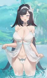 1girl bare_shoulders bird_hair_ornament black_hair blue_eyes blush breasts cameltoe cleavage dress genshin_impact hair_ornament hairband highres jin_rou lan_yan_(genshin_impact) large_breasts long_hair looking_at_viewer navel open_mouth outdoors panties partially_submerged silver_hairband smile solo standing thighs underwear wet white_dress white_panties