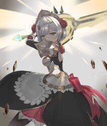 1girl apron armor back_bow black_skirt bow braid breasts chinese_commentary claymore_(sword) commentary_request covered_mouth flower genshin_impact green_eyes grey_hair hair_flower hair_ornament highres holding holding_weapon looking_at_viewer maid maid_apron maid_headdress medium_breasts noelle_(genshin_impact) red_bow red_flower red_rose rose serious short_hair shoulder_armor skirt solo weapon zhifeng