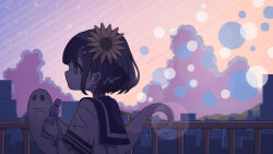 1girl :o absurdres artist_name blue_eyes blunt_bangs bottle bracelet brown_hair building circle cityscape cloud commentary cross-shaped_pupils english_commentary evening flower from_side ghost hair_flower hair_ornament hairclip highres holding holding_bottle jewelry omochi_noa original outdoors parted_lips profile railing ramune rooftop scenery school_uniform serafuku short_sleeves signature solid_oval_eyes solo star_(sky) sunflower sunflower_hair_ornament symbol-shaped_pupils upper_body wide_shot