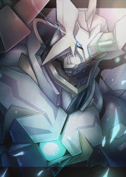 armor blue_eyes commentary_request digimon digimon_(creature) eye_trail flaming_eye glowing helmet highres horns light_trail looking_at_viewer no_humans omegamon omegamon_x-antibody pikkar solo upper_body