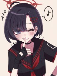 1girl ahoge alternate_hairstyle black_choker black_gloves black_hair black_serafuku blue_archive blush choker commentary_request eyelashes film_grain finger_to_mouth fingerless_gloves gloves hair_ornament hairclip halo highres ichika_(blue_archive) musical_note neckerchief official_alternate_costume official_alternate_hair_length official_alternate_hairstyle one_eye_closed p_mikoluka red_halo red_neckerchief sailor_collar school_uniform serafuku short_sleeves smile solo upper_body wolf_cut