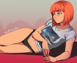 1girl absurdres arm_support artist_name badlavender black_eyes black_panties blunt_bangs bob_cut breasts bright_pupils closed_mouth covered_erect_nipples female_focus highres looking_to_the_side mac_tonight mcdonald&#039;s mother_(yoru_mac) orange_hair panties print_shirt screentones shirt short_hair short_sleeves small_breasts solo underwear white_pupils yoru_mac