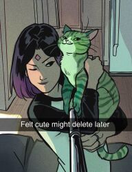 1boy 1girl beast_boy_(dc) black_eyes carrying carrying_person cat cat_boy couple dc_comics english_text gabriel_picolo gabriel_picolo_(artist) green_fur happy hug lifting_person purple_hair purple_lips raven_(dc) selfie selfie_stick smile smug teen_titans