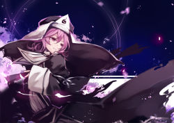 Rule 34 | 1girl, alternate costume, arm ribbon, black dress, bow, colored eyelashes, curly hair, dissolving clothes, dress, female focus, glowing, habit, hair between eyes, hat, koumajou densetsu, koumajou densetsu 2, long sleeves, night, petals, pink eyes, pink hair, puffy sleeves, ribbon, saigyouji yuyuko, short hair, sleeves past wrists, smile, solo, touhou, triangular headpiece, veil, wide sleeves, zhen panxie