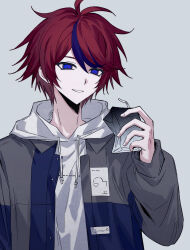 1boy blue_eyes blue_hair chinese_commentary commentary_request drawstring grey_background grey_jacket highres holding_juice_box hood hood_down hoodie iro_(kakerairo) jacket male_focus multicolored_hair open_clothes open_jacket short_hair simple_background smile solo streaked_hair sumino_takumi the_hundred_line_-last_defense_academy- two-tone_hair upper_body white_hoodie