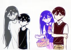 Rule 34 | 2boys, 2girls, antenna hair, bailan1130, basket, black eyes, black hair, black sweater vest, black tank top, blush, bright pupils, brother and sister, brown shorts, closed mouth, collarbone, collared shirt, colored skin, dress, dual persona, highres, holding, holding basket, long hair, looking at another, mari (headspace) (omori), mari (omori), mari (spirit) (omori), multiple boys, multiple girls, neckerchief, omori, omori (omori), open mouth, picnic basket, pleated skirt, purple eyes, purple hair, purple sweater vest, red neckerchief, red skirt, shirt, short sleeves, shorts, siblings, simple background, skirt, smile, spoilers, sunny (omori), sweater vest, tank top, white background, white dress, white pupils, white shirt, white skin