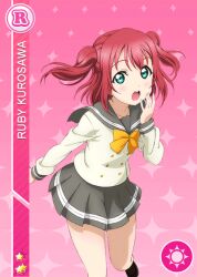 Rule 34 | 1girl, anime coloring, blush, bow, bowtie, brown shoes, buttons, card (medium), collarbone, cowboy shot, diamond (shape), double-breasted, green eyes, grey sailor collar, grey skirt, hand up, kurosawa ruby, leg up, loafers, long sleeves, looking at viewer, love live!, love live! school idol festival, love live! sunshine!!, medium hair, miniskirt, official art, open hands, open mouth, pink background, pleated skirt, raised eyebrows, red hair, sailor collar, school uniform, serafuku, shirt, shoes, skirt, solo, standing, standing on one leg, star (symbol), teeth, two side up, upper teeth only, uranohoshi school uniform, white shirt, winter uniform, yellow bow, yellow bowtie