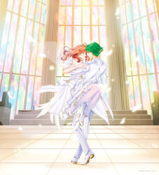 Rule 34 | 1boy, 1girl, absurdres, alm (fire emblem), ballroom, carrying, carrying person, celica (fire emblem), church, dancing, dress, fire emblem, fire emblem echoes: shadows of valentia, gold trim, green eyes, green hair, hetero, highres, long hair, nintendo, prince, princess, red eyes, red hair, shoes, short hair, stained glass, thighhighs, tiara, tonyblaze, tuxedo, wedding, wedding dress, white dress, white shoes, white thighhighs, window
