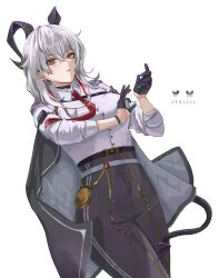 1girl absurdres artist_name black_choker black_gloves black_horns black_jacket black_pants black_tail breasts chest_harness choker closed_mouth collared_shirt commentary cowboy_shot curled_horns demon_tail earrings english_commentary gloves hair_between_eyes harness highres horns jacket jacket_on_shoulders jewelry key_earrings large_breasts looking_at_viewer multicolored_hair necktie pants red_eyes red_necktie shirt shirt_tucked_in simple_background solo streaked_hair tail white_background white_shirt wuthering_waves z1raell zani_(wuthering_waves)