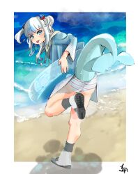 1girl animal_hood ass beach blue_eyes blue_hair blue_hoodie blunt_bangs cameltoe clothes_lift dai_roku_ten_mao fins fish_tail gawr_gura gawr_gura_(1st_costume) grey_hair hair_ornament highres hololive hololive_english hood hoodie lifebuoy long_sleeves looking_at_viewer looking_back multicolored_hair ocean panties shark_girl shark_hair_ornament shark_hood shark_print shark_tail shoe_soles solo streaked_hair striped_clothes striped_panties swim_ring tail two_side_up underwear virtual_youtuber