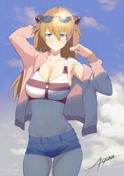 1girl bikini blue_eyes blush breasts commentary_request denim denim_shorts eyewear_on_head hair_ornament highres illust_aqua interface_headset_(evangelion) jacket long_hair looking_at_viewer medium_breasts navel neon_genesis_evangelion open_clothes open_jacket orange_hair shorts simple_background smile solo souryuu_asuka_langley sunglasses swimsuit zipper_bikini