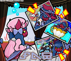 &gt;_&lt; 1girl black_sclera blue_hair colored_sclera digimon dress fang food fumamon hat holding holding_umbrella horns lamiamon long_hair mob_cap official_art on_bed onigiri parasol partially_translated photo_(object) picnic pink_dress pink_hat translation_request umbrella waking_up yellow_eyes