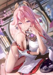 2girls absurdres animal_ears arm_support armpit_crease ayaka_(genshin_impact) barefoot breasts cherry_blossoms commentary_request detached_sleeves dutch_angle floppy_ears fox_ears genshin_impact hair_between_eyes hand_to_own_mouth highres indoors japanese_clothes large_breasts looking_at_viewer lying multiple_girls nontraditional_miko on_side otabaaa parted_lips pink_hair purple_eyes solo_focus wide_sleeves yae_miko