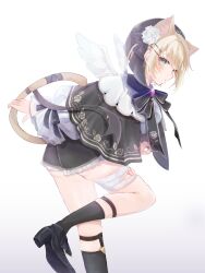 1girl absurdres animal_ears bandaged_leg bandages beret black_hat black_shoes black_shorts black_socks blonde_hair capelet cat_ears cat_tail eyeliner flower frilled_shorts frills green_eyes hair_between_eyes hair_ornament hairpin hat high_heels highres iris_black_games kurumi_noah kurumi_noah_(4th_costume) makeup puffy_sleeves red_eyeliner rose shino_koha shoes short_hair short_shorts shorts simple_background socks solo standing standing_on_one_leg tail virtual_youtuber vspo! white_background white_flower white_rose wings