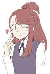 Rule 34 | &gt;;d, 1girl, ;d, black ribbon, blunt bangs, blush, brown hair, collared shirt, dress, female focus, grin, hand up, kagari atsuko, little witch academia, long hair, long sleeves, looking at viewer, one eye closed, open mouth, orinpachu, pinafore dress, red eyes, ribbon, shirt, simple background, sketch, sleeveless, sleeveless dress, smile, solo, tareme, topknot, upper body, v, v-shaped eyebrows, white background, white shirt, wing collar