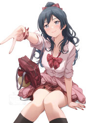 1girl alternate_hairstyle bag black_hair blush breasts cleavage commentary grey_eyes gyaru highres looking_at_viewer love_live! love_live!_nijigasaki_high_school_idol_club medium_breasts ponytail red_nails shamakho shoulder_bag signature sitting solo watermark wavy_hair white_background yuki_setsuna