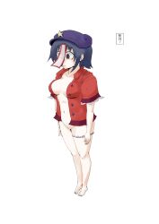 Rule 34 | 1girl, black eyes, bottomless, breasts, closed mouth, collared shirt, commentary request, empty eyes, full body, grey hair, hanemikakko, hat, hat ornament, highres, jiangshi, looking down, medium breasts, miyako yoshika, newsboy cap, ofuda, open clothes, open shirt, purple hat, red shirt, shirt, short hair, simple background, solo, star (symbol), star hat ornament, touhou, white background