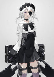 Rule 34 | 1girl, arm belt, bow, bowtie, choker, commentary, covered navel, cowboy shot, dual wielding, eyepatch, female focus, gauntlets, grey background, heavily armed high school girls, holding, looking at viewer, maid headdress, neco, original, purple eyes, serious, short hair, solo, thigh strap, thighhighs, weapon, white hair, zwei (heavily armed high school girls)