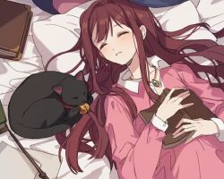 Rule 34 | 1girl, animal, bell, book, cat, closed eyes, closed mouth, hano9789, head on pillow, highres, holding, holding book, idolmaster, idolmaster million live!, jewelry, lying, neck bell, necklace, on back, on bed, open book, pillow, sleeping, tanaka kotoha