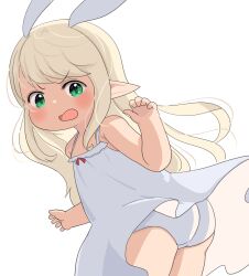 1girl ass blonde_hair commentary_request dress final_fantasy final_fantasy_xiv flat_chest green_eyes highres lalafell loli long_hair open_mouth panties pointy_ears shelldy simple_background solo sundress underwear white_background white_dress white_panties wind wind_lift