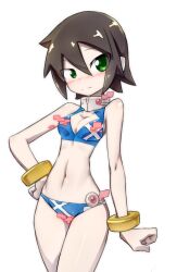 1girl aile_(mega_man_zx) bikini bingshan blue_bikini blush breasts brown_hair cleavage cleavage_cutout clothing_cutout green_eyes hand_on_own_hip mega_man_(series) mega_man_zx midriff navel simple_background swimsuit white_background