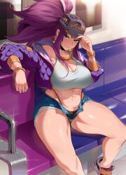 1girl absurdres akali alternate_body_size black_panties blue_eyes bracelet breasts cleavage commission crop_top cropped_jacket curvy denim denim_shorts hat highleg highleg_panties highres huge_breasts jacket jewelry k/da_(league_of_legends) k/da_akali kopam large_breasts league_of_legends long_hair looking_at_viewer midriff navel official_alternate_costume open_clothes open_fly open_jacket panties plump ponytail purple_hair short_shorts shorts sitting smile solo sports_bra thick_thighs thighs train_interior underwear white_sports_bra