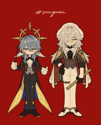 Rule 34 | 2boys, black bow, black bowtie, black gloves, black pants, black shoes, bow, bowtie, brown jacket, chibi, chibi only, closed mouth, gloves, gold halo, grey hair, half-closed eyes, halo, halo behind head, hand on own hip, head wings, highres, honkai: star rail, honkai (series), jacket, jing yuan, jing yuan (star rail live 2025), long hair, male focus, mole, mole under eye, multiple boys, official alternate costume, pants, red background, shoes, simple background, smile, sos13825406402, sunday (honkai: star rail), sunday (star rail live 2025) (honkai: star rail), white bow, white bowtie, white gloves, white pants, white shoes, wings, yellow eyes
