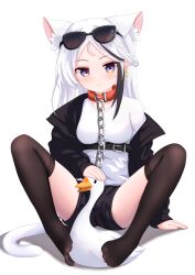 1girl absurdres animal_collar animal_ear_fluff animal_ears belt belt_buckle bird black_belt black_hair black_jacket black_shorts black_thighhighs blush breasts buckle cat_ears cat_girl cat_tail chain chain_leash closed_mouth collar duck earrings expressionless eyewear_on_head feet full_body highres jacket jewelry leash long_hair looking_at_viewer medium_breasts multicolored_eyes multicolored_hair open_clothes open_jacket original petting purple_eyes red_collar shirt shorts simple_background sitting solo star_(symbol) star_earrings streaked_hair sunglasses t-shirt tail thighhighs two-tone_eyes uro30 white_background white_shirt yellow_eyes
