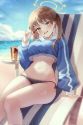 1girl arm_at_side beach bikini black_bikini blue_archive blue_sky blue_sweater blush breasts brown_eyes brown_hair candy cola commentary cropped_sweater cup curvy day disposable_cup drooling fang feet_out_of_frame food halo hand_up hashtag-only_commentary head_tilt highres holding holding_candy holding_food holding_lollipop kerze knees_together_feet_apart large_breasts lollipop long_sleeves looking_at_viewer medium_hair moe_(blue_archive) moe_(swimsuit)_(blue_archive) mouth_drool navel ocean official_alternate_costume open_mouth outdoors pinky_out puffy_long_sleeves puffy_sleeves side-tie_bikini_bottom sidelighting sitting skin_fang sky smile solo stomach straight_hair sweater swimsuit thighs tsurime twintails
