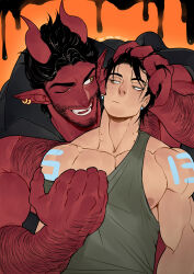 Rule 34 | 2boys, absurdres, arm hair, bara, black cape, black hair, cape, chest hair, closed mouth, clothes pull, collarbone, colored skin, commentary, copyright name, demon, demon horns, dominique (the devil and s-13), ear piercing, english commentary, eye contact, green tank top, highres, horns, looking at another, male focus, multiple boys, nipple slip, nipples, one eye closed, open mouth, orange background, pectorals, piercing, pointy ears, red skin, short hair, smile, steen (the devil and s-13), suyohara, tank top, teeth, the devil and s-13, two-tone background, upper body, yaoi, yellow eyes