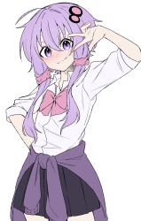 1girl black_skirt hair_between_eyes hand_on_own_hip highres jacket long_hair looking_at_viewer pink_ribbon purple_eyes purple_hair purple_jacket ribbon shirt simple_background skirt solo sudou_(s7_d8) thighs twintails vocaloid w w_over_eye white_background white_shirt yuzuki_yukari