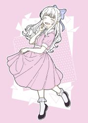 1girl ^_^ bow closed_eyes commentary dress english_commentary frilled_socks frills full_body hair_bow highres long_hair nonnki open_mouth original pink_background pink_dress pink_theme puffy_short_sleeves puffy_sleeves purple_bow short_sleeves skirt_hold smile socks solo teeth upper_teeth_only white_hair white_socks