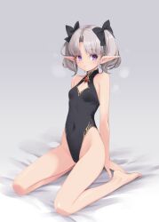 :o black_leotard black_ribbon commentary_request covered_navel earrings elf gem grey_hair highleg highleg_leotard jewelry kirishima_satoshi leotard on_bed original pointy_ears purple_eyes red_gemstone ribbon silver_earrings sitting twintails wariza