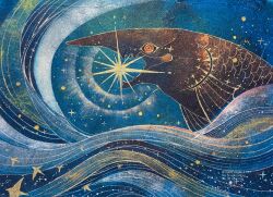 Rule 34 | abstract, bird, black scales, blue background, blue theme, fangs, fins, gills, good night 1077, monster, monster focus, no humans, ocean, original, outline, painterly, painting (medium), ringed eyes, scales, sea serpent, skin fangs, snout, star (sky), star (symbol), surreal, traditional media, twitter username, waves, yellow outline