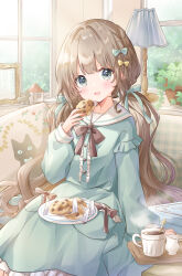 1girl :d absurdres aqua_dress blush bow bowtie braid brown_bow brown_bowtie brown_hair cat center_frills chocolate_chip_cookie coffee cookie couch cup disposable_cup dress food frilled_dress frills green_dress green_eyes hair_bow hand_up highres holding holding_food hoshiibara_mato indoors lamp light_particles long_hair long_sleeves looking_at_viewer low_twintails mug on_couch open_mouth original plant plate potted_plant puffy_sleeves sailor_collar sailor_dress sitting smile solo steam teacup tray twintails very_long_hair white_sailor_collar window wrapper