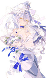 1girl absurdres bandaged_arm bandaged_hand bandages bare_shoulders blue_bow blue_choker blue_ribbon bouquet bow breasts bridal_veil bride chinese_commentary choker cleavage commentary_request commission cowboy_shot cross cross-laced_clothes cross-laced_dress cross_hair_ornament cross_print crown dandelion disembodied_hand dot_nose dress dress_bow eyelashes flower frilled_veil grey_eyes grey_hair hair_between_eyes hair_bow hair_intakes hair_ornament high_ponytail highres holding holding_bouquet jewelry lamblab0824 light_blush long_hair looking_at_viewer loose_hair_strand medium_breasts mini_crown necklace original parted_lips ponytail purple_bow purple_crown purple_flower purple_rose ribbon rose sample_watermark see-through_clothes see-through_veil sidelocks simple_background solo standing strapless strapless_dress veil very_long_hair watermark wavy_hair wedding_dress weibo_watermark white_background white_bow