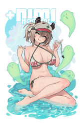 1girl :q alternate_costume animal_ears bare_arms bare_legs bare_shoulders barefoot bikini breasts brown_hair character_name cleavage commentary criss-cross_halter crossed_bangs full_body green_eyes hair_between_eyes hair_ribbon halterneck hands_up head_tilt highres holding holding_whistle indie_virtual_youtuber large_breasts lifeguard looking_at_viewer medium_hair naplings_(nimi_nightmare) navel nimi_nightmare one_side_up print_bikini ribbon robot_cat_(robotcatart) side-tie_bikini_bottom sitting_on_water solo stomach string_bikini swimsuit tapir_ears tapir_girl toenails toes tongue tongue_out virtual_youtuber visor_cap wet whistle white_bikini
