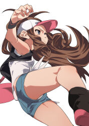 1girl baseball_cap black_vest blue_eyes breasts creatures_(company) cutoffs denim denim_shorts fu-ta game_freak hat high_ponytail highres hilda_(pokemon) long_hair medium_breasts nintendo panties panty_peek pokemon pokemon_bw ponytail shorts solo thighs underwear upshorts vest wristband
