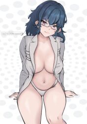 1girl alternate_costume blue_eyes blue_hair breasts byleth_(fire_emblem) closed_mouth collarbone cowboy_shot fire_emblem fire_emblem:_three_houses grey_shirt heart heart-shaped_pupils highleg highleg_panties highres large_breasts long_hair looking_at_viewer mourderousx navel nintendo open_clothes open_shirt panties patreon_username shirt sitting smug solo stomach symbol-shaped_pupils underwear white_panties